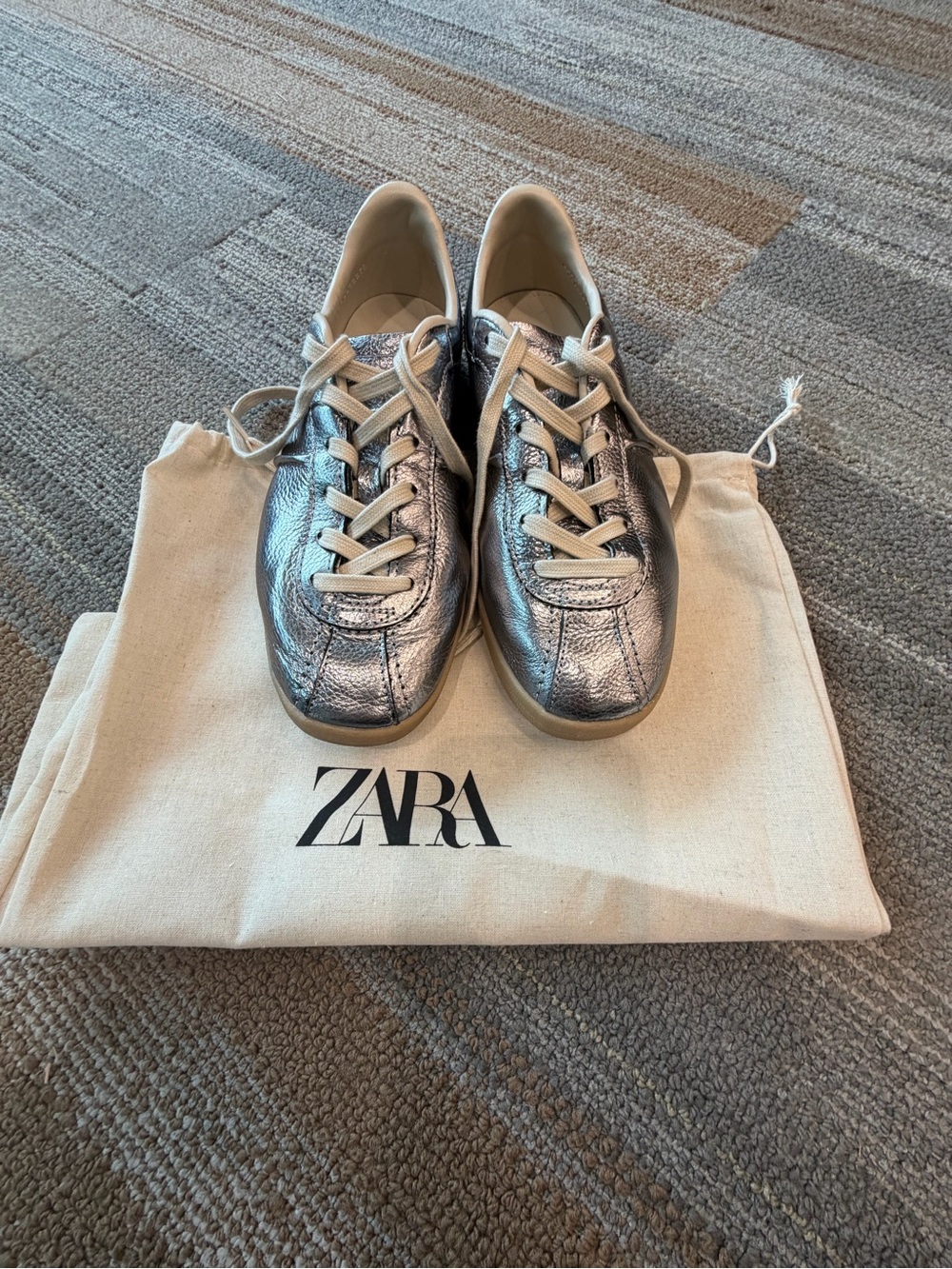 ZARA Silver Metallic Leather Lace-Up Sneakers